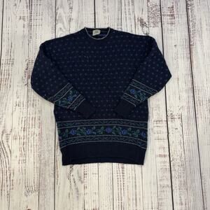 Laura Ashley Sweater Women’s S/M Navy Blue Wool Floral Knit Pullover Retro